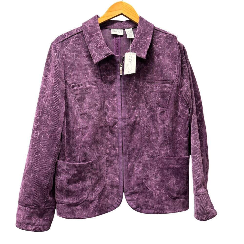 Chico's Corduroy Jacket Womens Large Purple Floral Full Zip Coastal VTG NEW